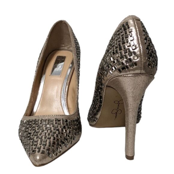 JESSICA SIMPSON Claya Metallic Faux Suede Rhinestone Heels 6 - Picture 3 of 12